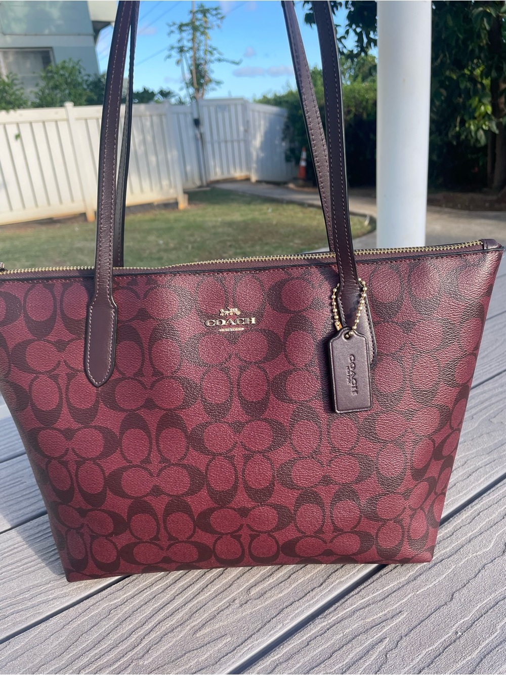 COACH Maroon Signature Canvas Tote with Dark Trim